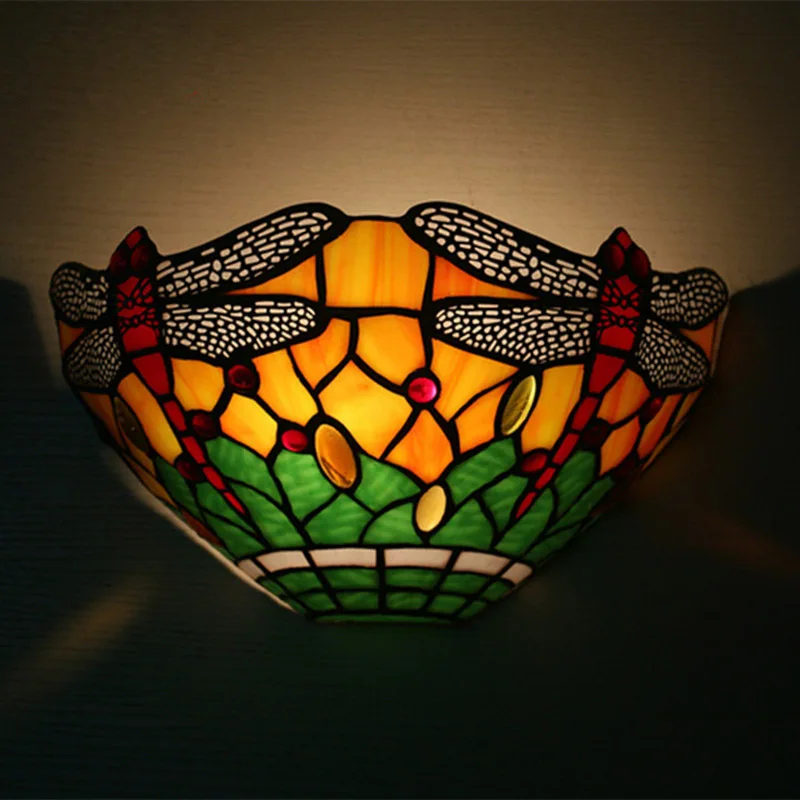 Semicircle Stained Glass Dragonfly Wall Lamps Bedroom Bedside Light