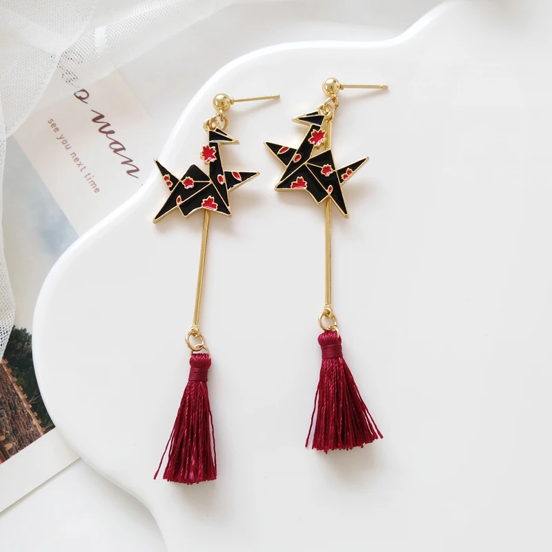 

Simple girl thousand paper crane ear studs dream tassel long Earrings