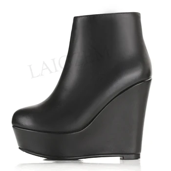 

LAIGZEM Women's Ankle Boots Genuine LEATHER Suede Wedges Heels Side Zipper Height Increasing Winter Boots Botas Mujer Size 33-40