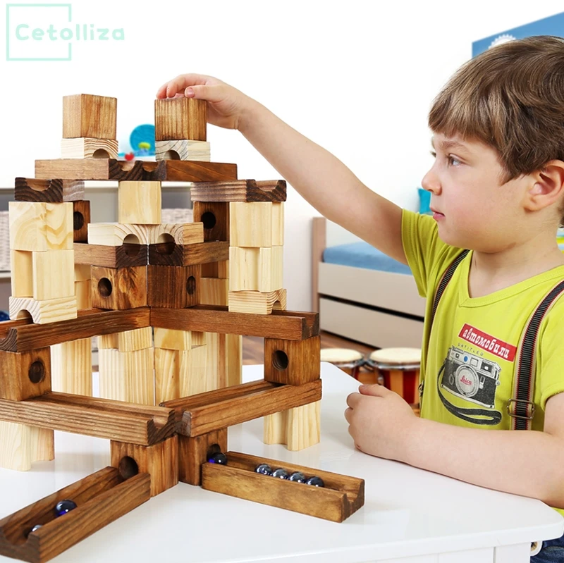 

ONSHINE 45pcs Children wooden marbles building blocks/ Kids ball cube evolution blocks with English instruction educational toys