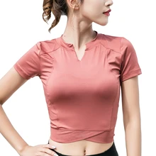 Для женщин короткий рукав дышащие укороченные стильный сжатия V образным вырезом для фитнеса бега Active футболки