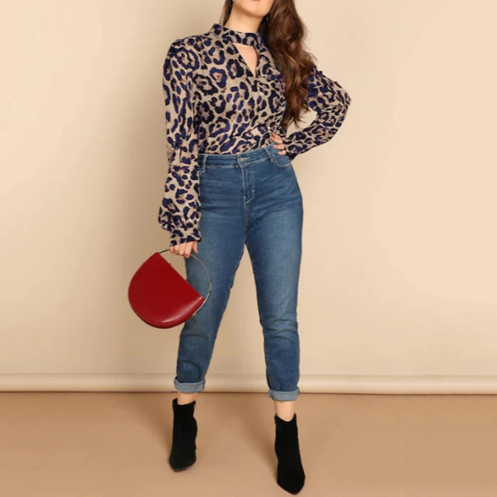 

Chiffon Long Sleeve Sexy Leopard Print V Neck Lady Office Shirt Tunic Casual Loose Tops Plus Size D30