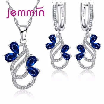 Jemmin Luxury 925 Sterling Silver Necklace Earrings Set For Women Female Party Bule Austrian Crystal Jewelry High Quality