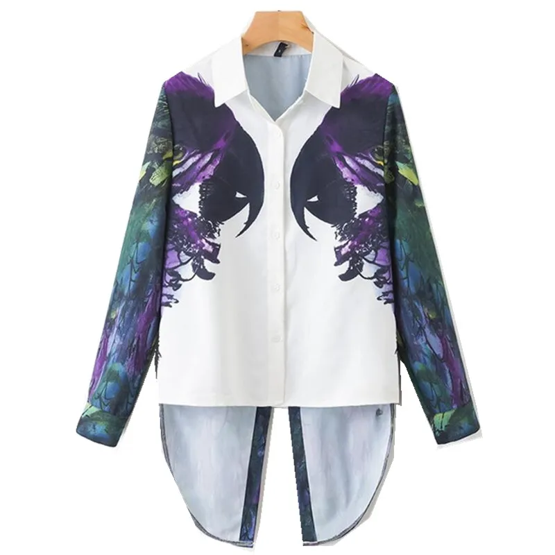 2019 Women Location Parrot Print Split Back Shirt Retro Single-breasted Long sleeve Backless  Swallowtail Blouse