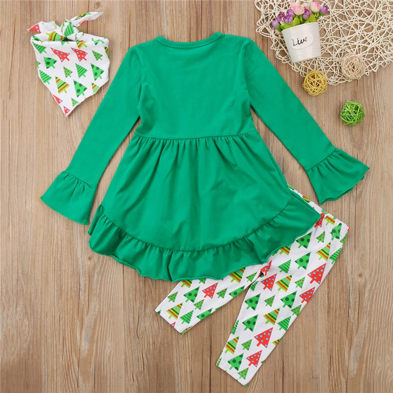 Комплект из 3 предметов, Рождественская детская одежда для маленьких девочек Рождественская футболка с длинным рукавом, Топы+ штаны с принтом дерева нагрудники, От 2 до 6 лет