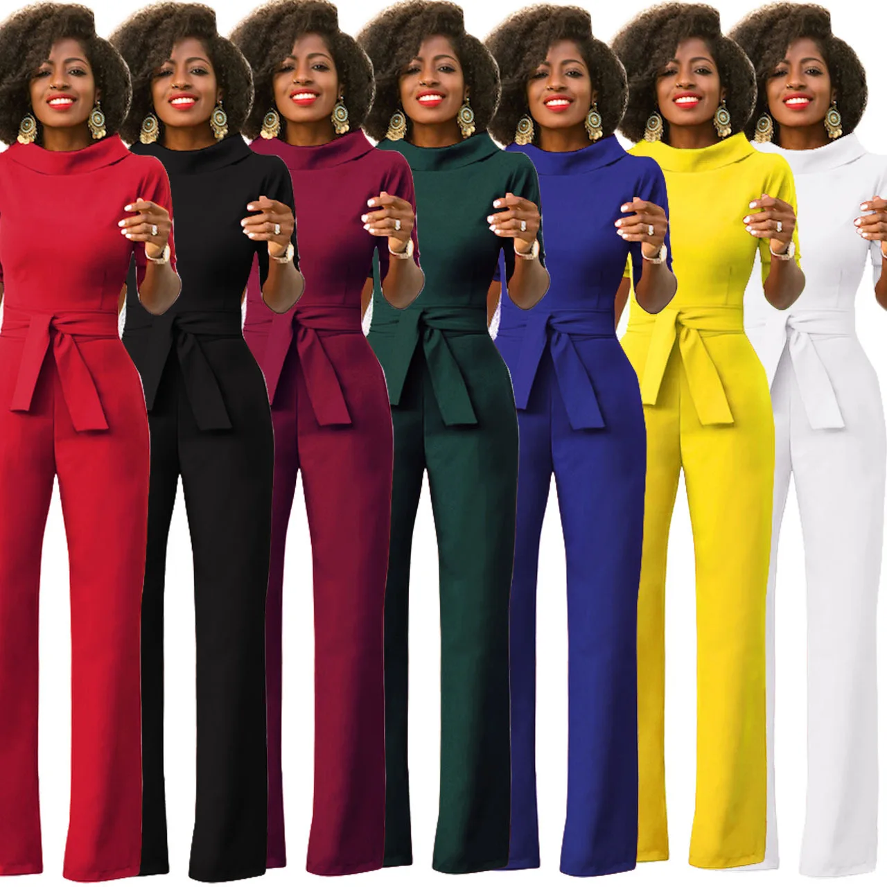 

2019 early spring sleeve stand collar jumpsuit women jumpsuit women's trousers fashion temperament solid color five-point