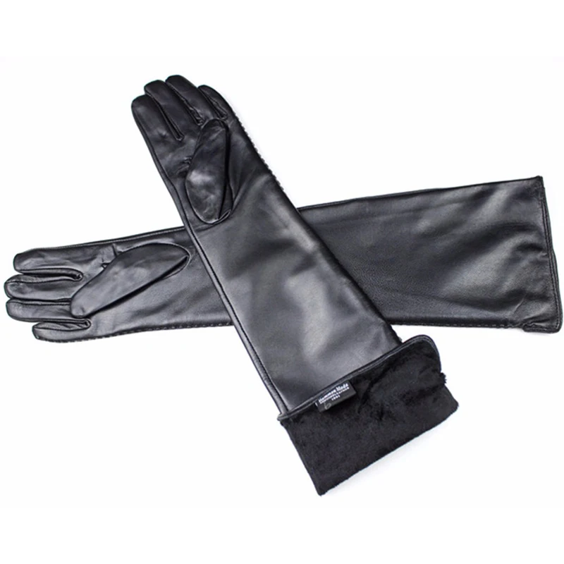New Ms fashion long 48cm black genuine leather gloves women sheepskin solid adult mittens 