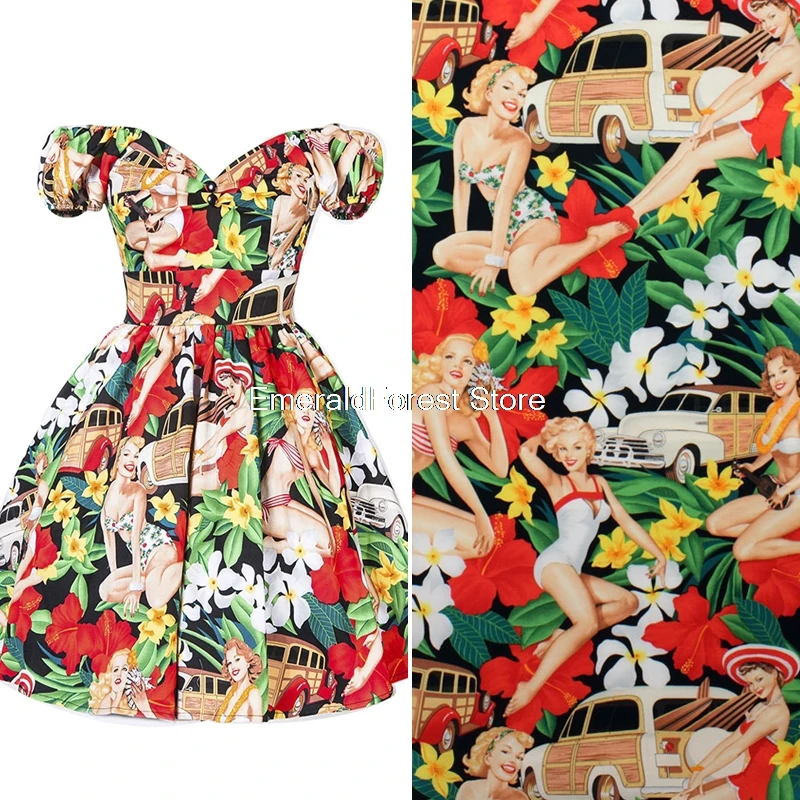 

High-quality hand-made DIY fabric Vintage cotton printed elastic poplin clothing fabric black beach girls 1 meter price