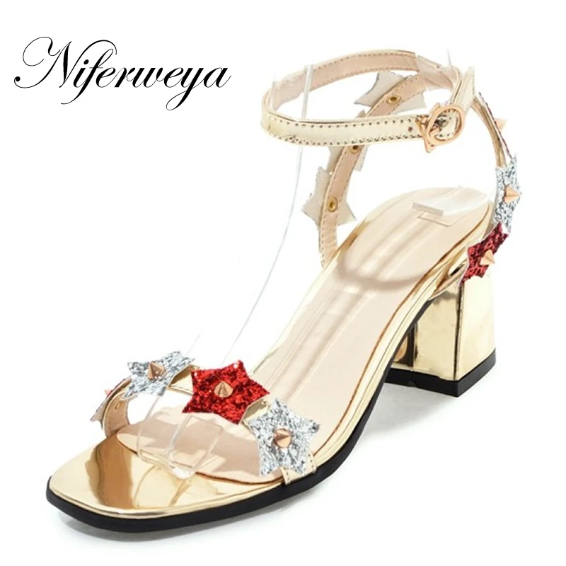 

Summer Appliques decoration women shoes fashion thick heel high heels big size 32-47 Peep Toe Buckle Strap sandals zapatos mujer