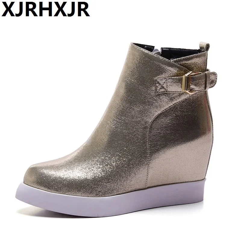 

XJRHXJR Brand 2019 New Women Ankle Boots Platform Shoes Winter Autumn Wedge Boots Woman Thick Height Increasing Heel Shoes Women