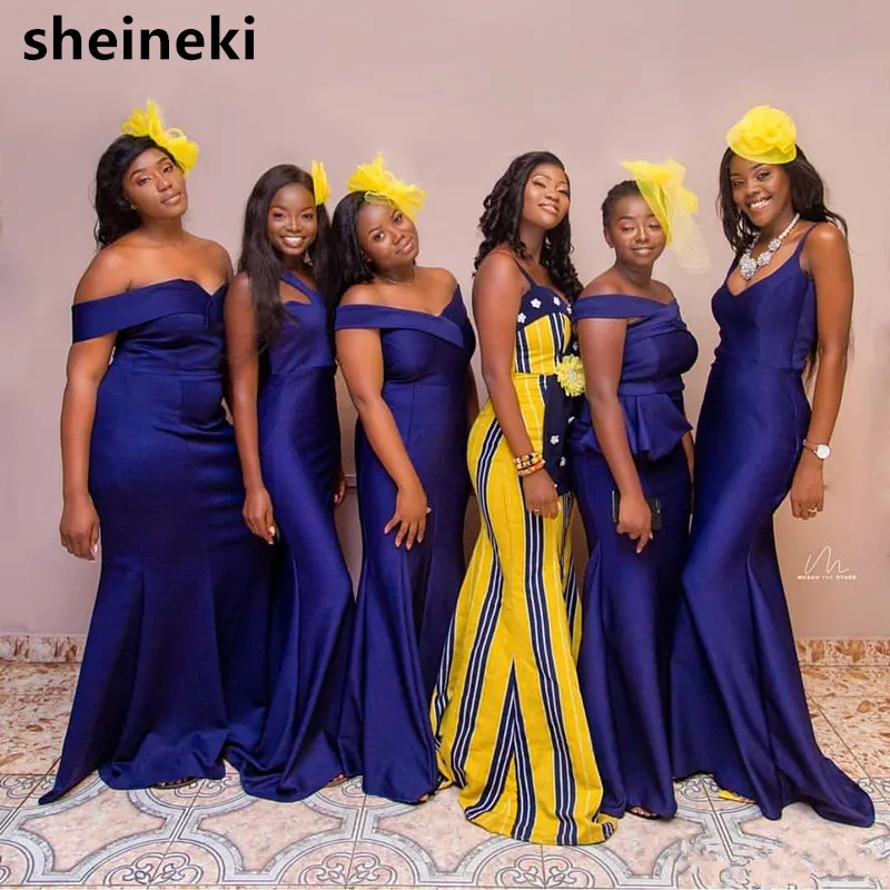 

African 2019 Purple Cheap Simple Off Shoulder Mermaid Bridesmaid Dresses Satin Pleats Maid of the Honor Wedding Party Dresses