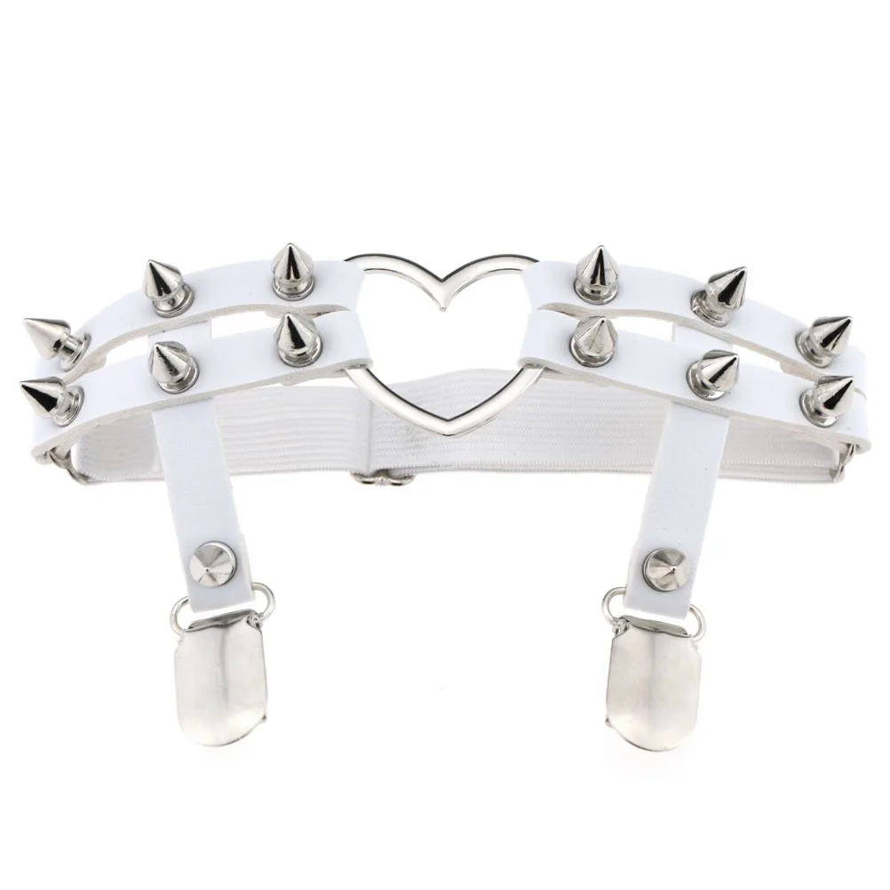1x Women Leather Double Strap Heart Garter Elastic Rivet Stud Leg