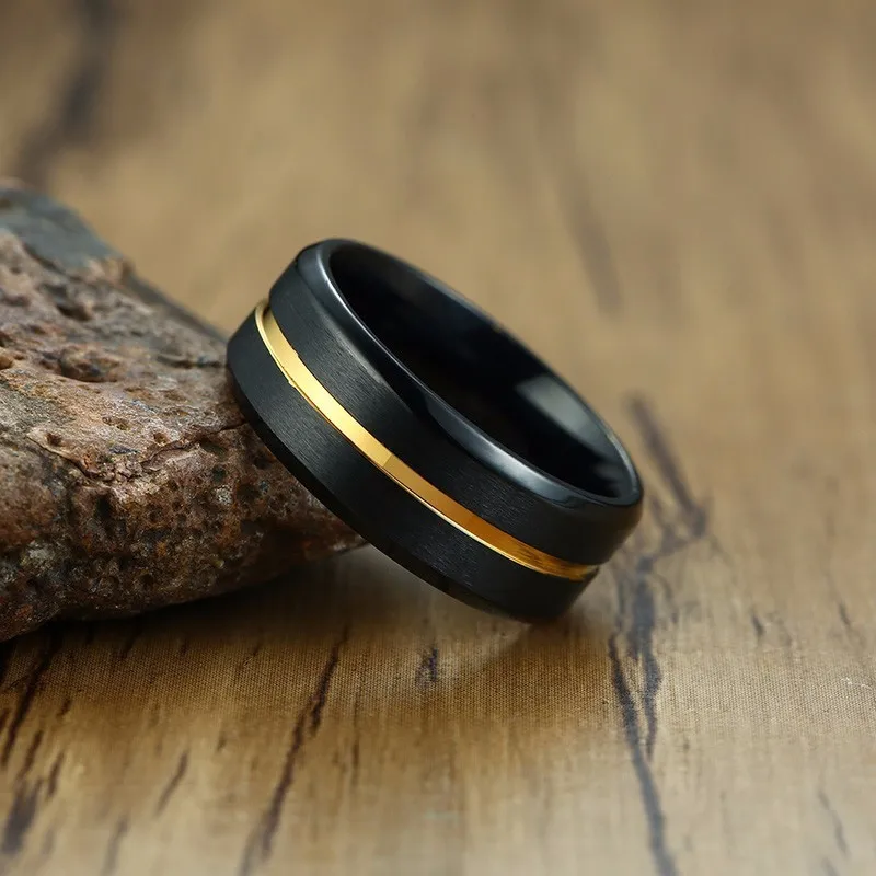 8 мм Черная Нержавеющая Сталь тонкая сторона золотой рифленая Мужская обручальное кольцо