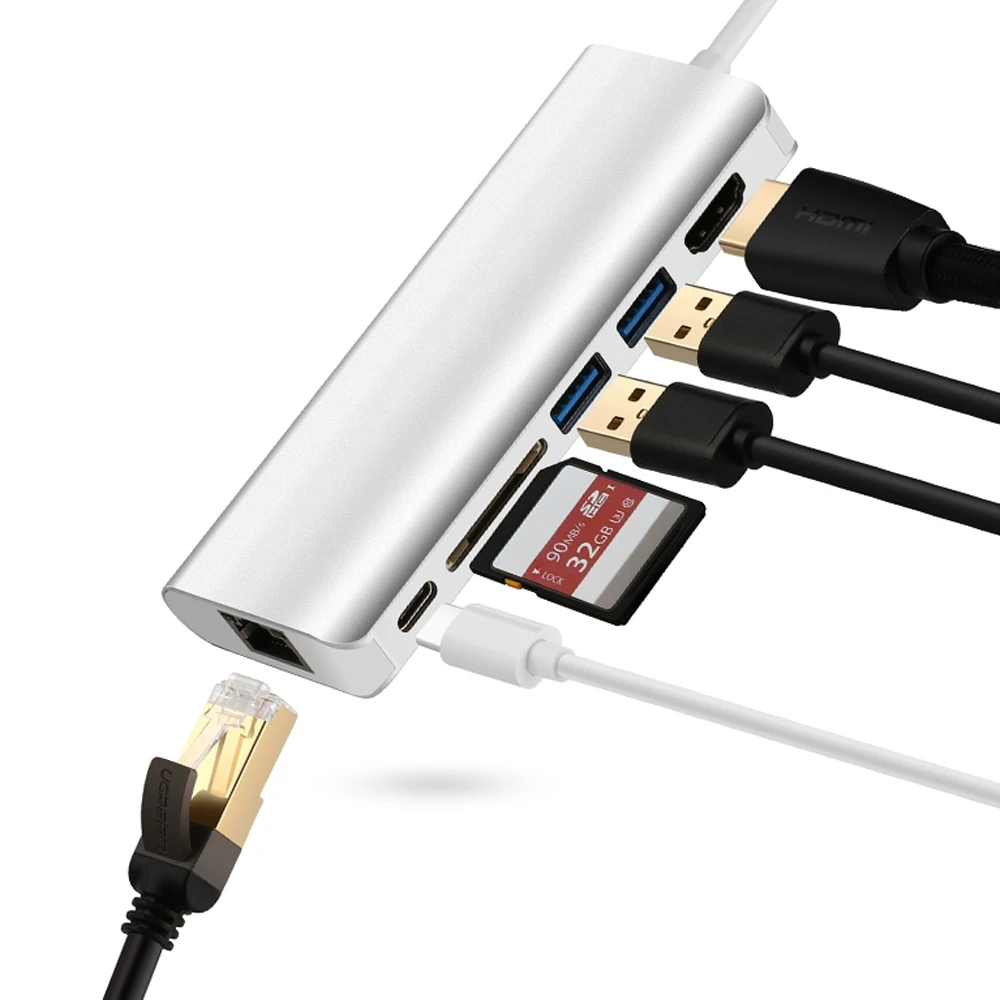 6 в 1 USB 3,1 Тип C 4 К видео HDMI RJ45 USB 3,0 адаптер концентратор с SD/TF картридер Тип C PD зарядки Порты и разъёмы для MacBook Pro