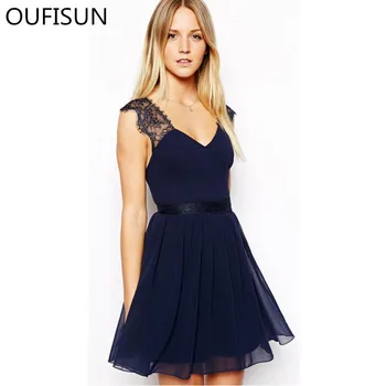 

Oufisun Women's Lace Spaghetti Strap Backless Party Dress Sexy V-neck Chiffon Pleated Dress Summer Sweet Solid Slim Mini Dresses