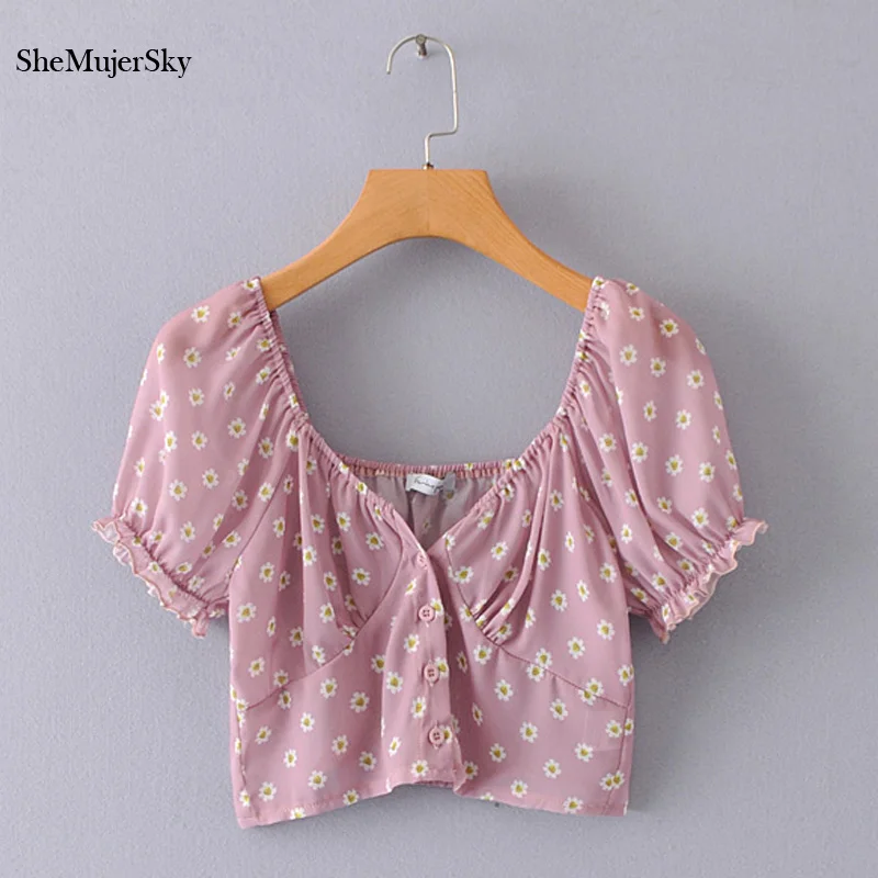 

Shemujersky Floral Short Blouse Women V Neck Ladies Tops 2019 Summer Blusas Clothes Korean Puff Sleeve Blouses