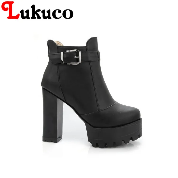 

Lukuco zip and buckle design PU made super high square heel women ankle boots with platform