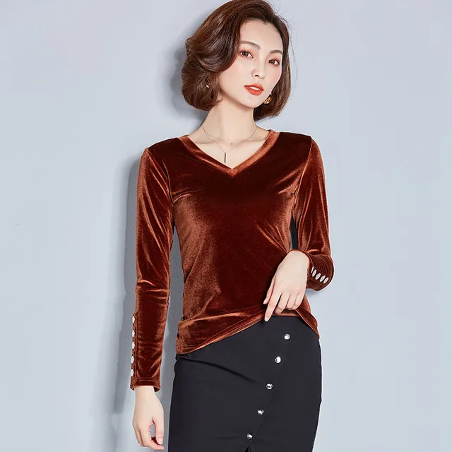 Vintage velour tops women spring long sleeve tees V neck sexy fit ...