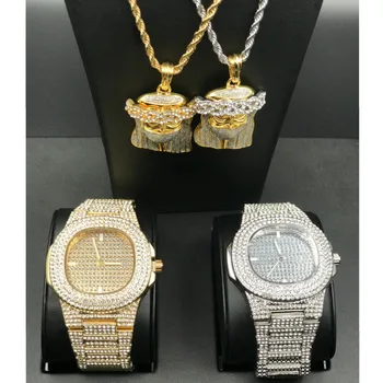 

Luxury Gold Color Watch & Necklace Combo Set Hip Hop Men Jewelry For Men Ice Out Cuban Watch Necklace Chain Hip Hop For Men