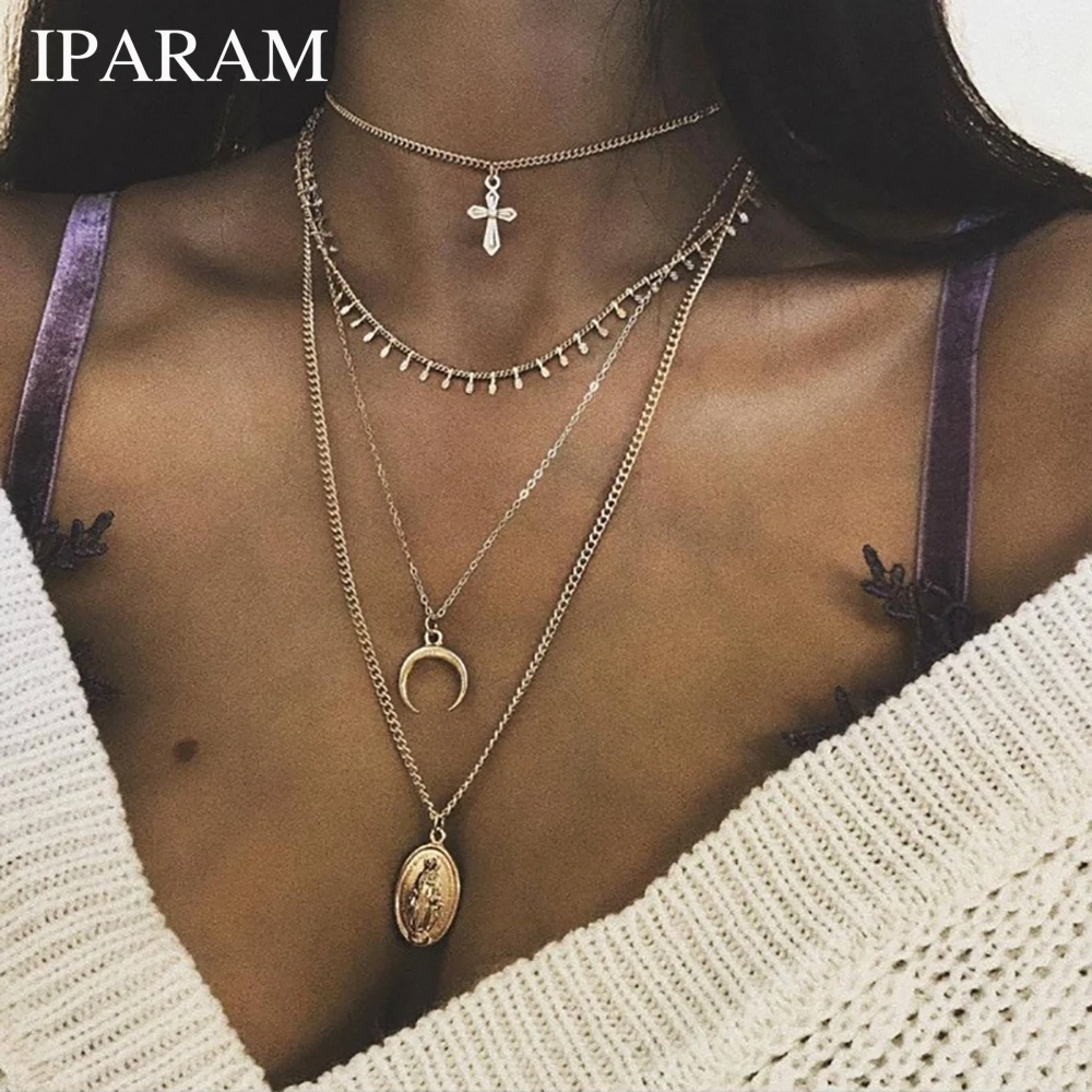 

IPARAM Bohemian Vintage Virgin Mary Multilayer Moon Necklace for Female Jesus Cross Religious Jewelry Fashion Jewelry Collars