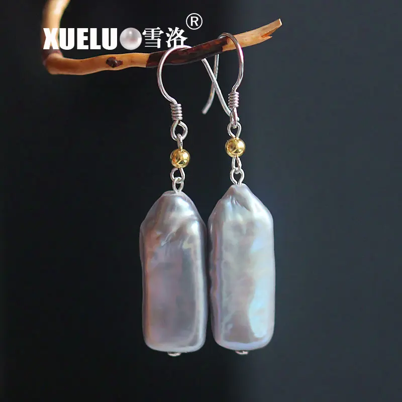 

XUELUO Latest Baroque Rectangle Shape Genuine Natural Cultured Freshwater Pearl Earrings ,sterling silver drop earrings