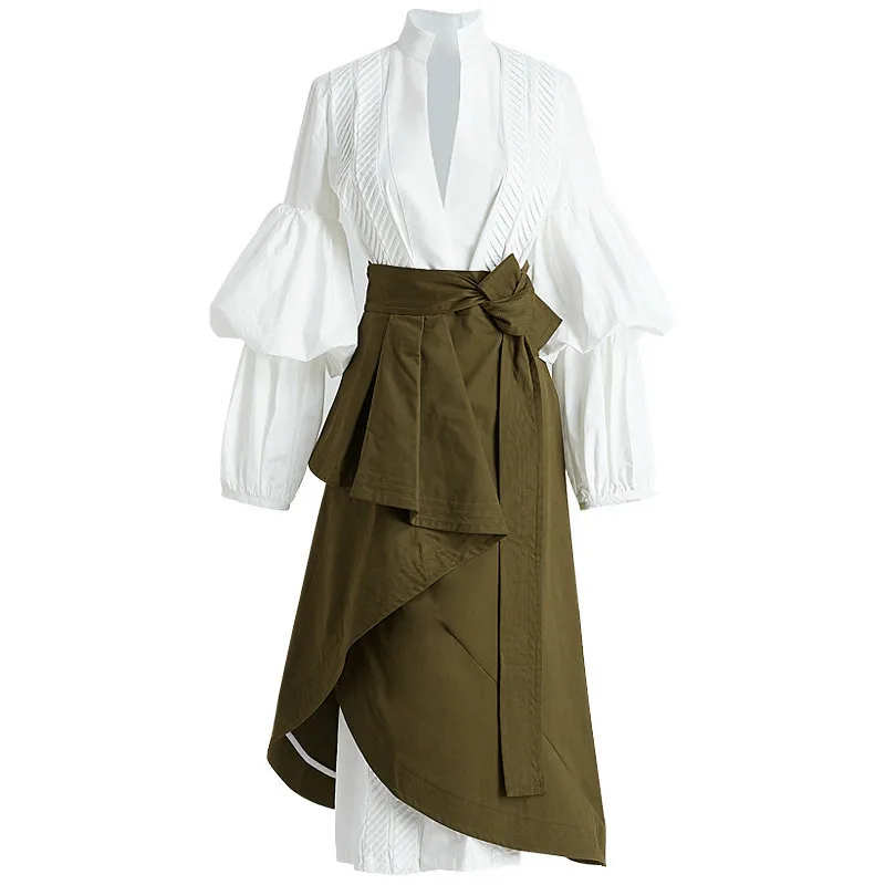 [LANMREM] 2018 New spring V-collar Long Sleeve Solid Color Army Green Half-body Skirt Two Piece Suits Women Fashion Tide JA982