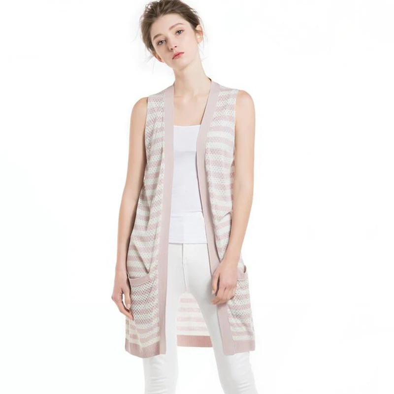 Women Knit Open Front Cardigan Vests Casual Stripe Sleeveless Jacket