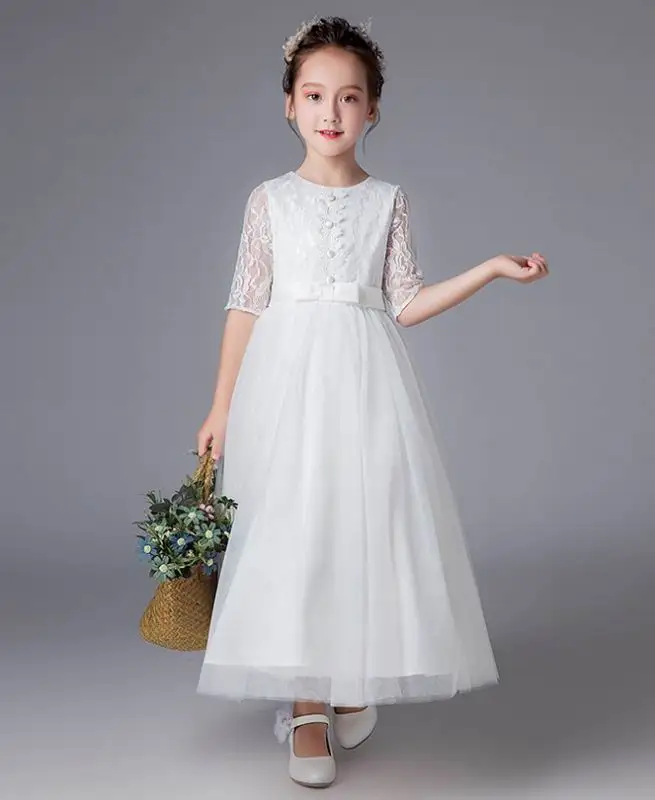 

Party Dress for Girls 2/1 Sleeve White Lace Birthday Party Wedding Dress Children Clothing 4-13T E8549
