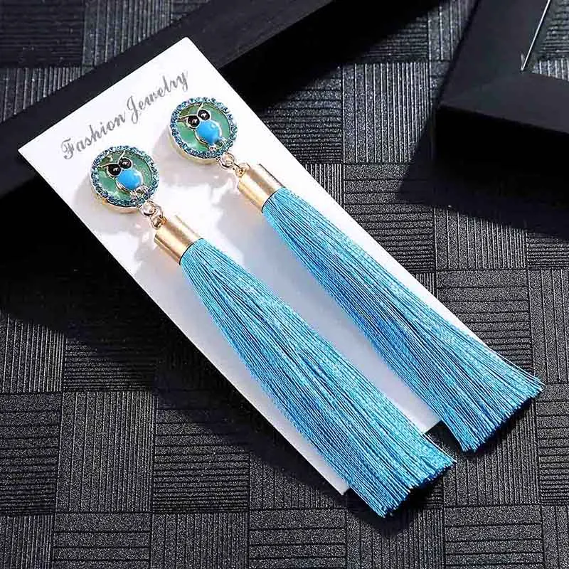 E5854 Trendy Drop Earrings OwlAnimalWomenLongBohemianBlueSilkBalckDangleMetalBohoGold Tassel Earrings 2018 Jewelry