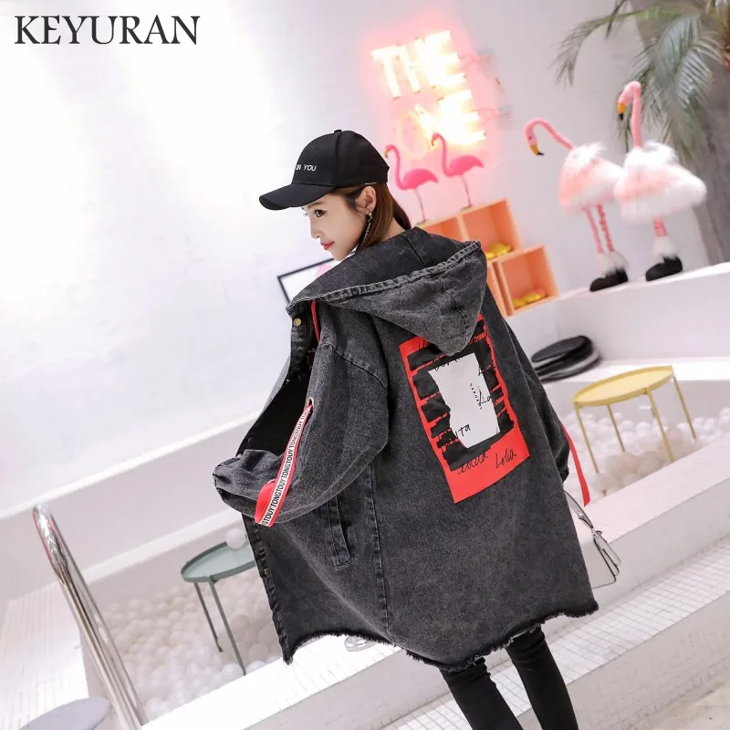 

2019 Harajuku Boyfriend Style Printed Casual Loose Vintage Burr Denim Hooded Jacket Women Long Sleeve Coat Jackets Women's Tops