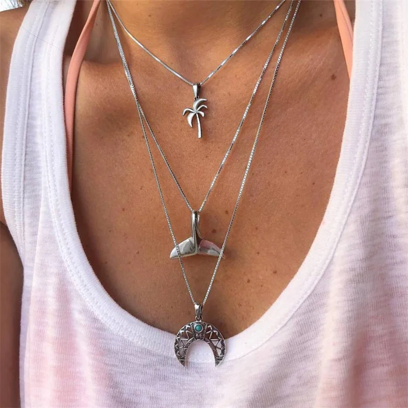 

Bohemian Moon Fishtail Coconut Tree Gem Multilayer Chain Pendant Silver Necklace Set Women Exquisite Beach Fashion Jewelry