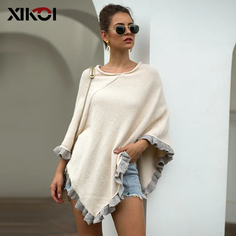 

Fashion Knitted Cloak Sweater Spring Women Casual Pullover Autumn Winter Streetwear Ruffles Women Sweaters and Pullovers 2019