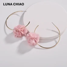 LUNA CHIAO, осень, модные женские медные большие круглые серьги-кольца с тканевыми цветами, цветочными лепестками, серьги