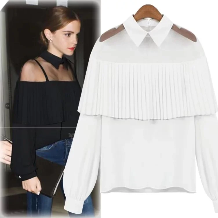 2019 Streetwear Loose Ruffles Blouses Female Long Sleeve Turn-down Collar Ladies Tops Spliced Cotton Womens and |