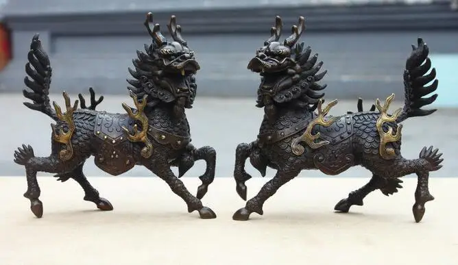 

China Feng Shui Dragon kirin kylin Pure Bronze Attract Wealth beast statue Pair