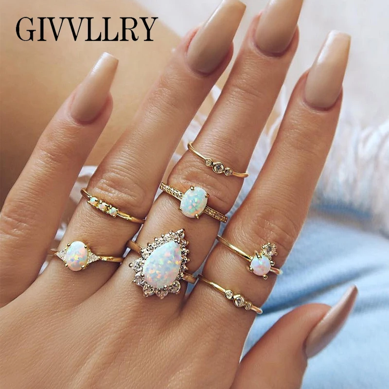 

GIVVLLRY Elegant Opal Knuckle Rings for Women Bohemian Chic Jewelled Rhinestones Gold Color Geometric Midi Rings Fashion Jewelry