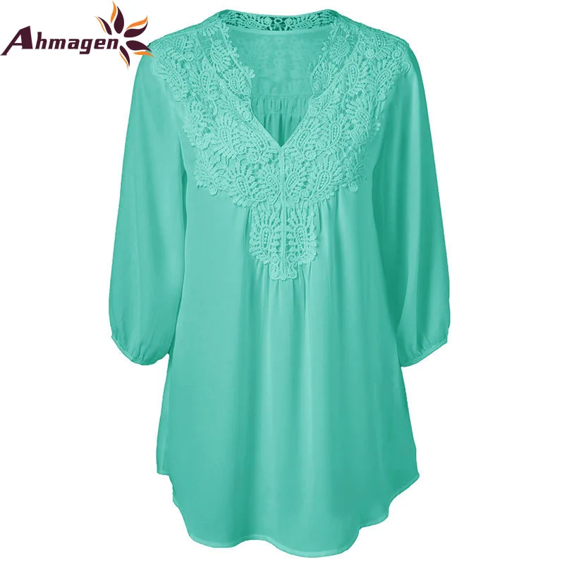 Ahmagen 8 Color Plus Size S-5XL Sexy Lace Blouse Half Sleeve Chiffon V neck Women Blouses Shirts Elegant Ladies Tops 2018 |