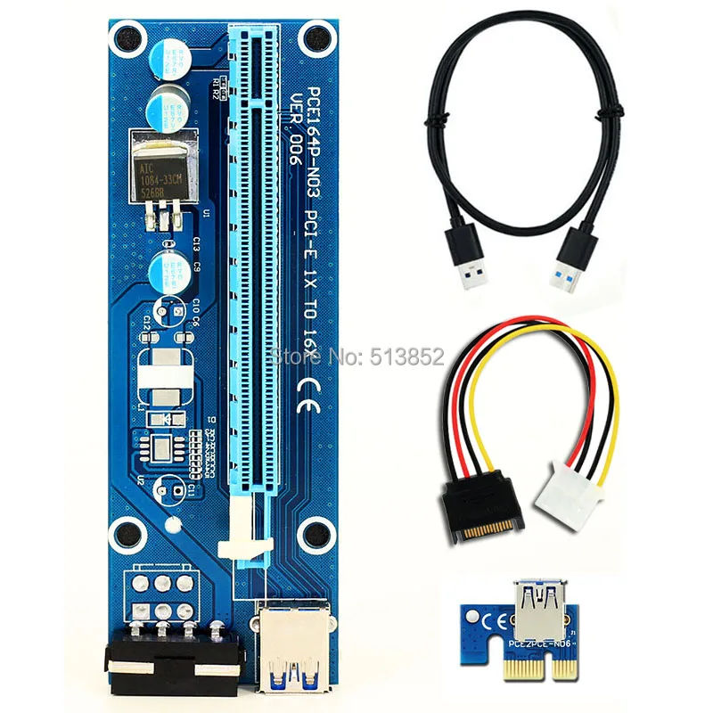 006 шт. PCIe pci e PCI Express Riser Card 1x к 16x USB 3.0 кабель SATA 4PIN IDE Molex питание для БТД Шахтер