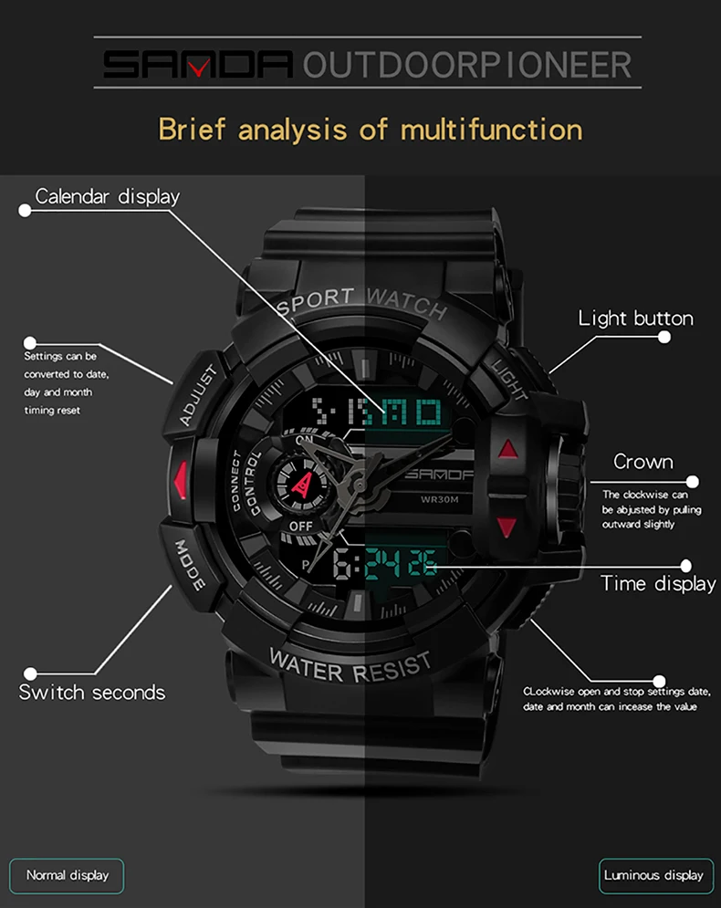 SANDA мужские модные спортивные часы мужские военные часы с будильником противоударные водонепроницаемые цифровые часы reloj hombre