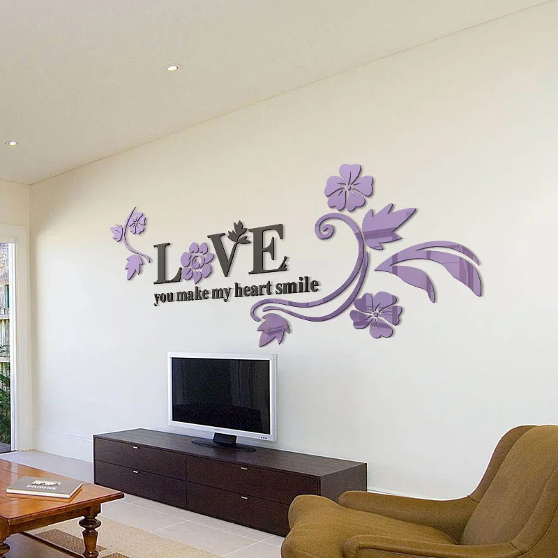 Love Acrylic Mirror Decorative Stickers 3D Bedroom Background TV Wall