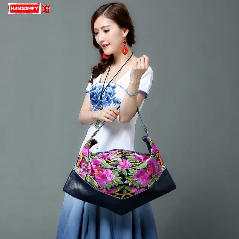 

2018 new original Genuine leather Women Handbags shoulder portable embroidery bag ethnic style embroidery big dumplings bags