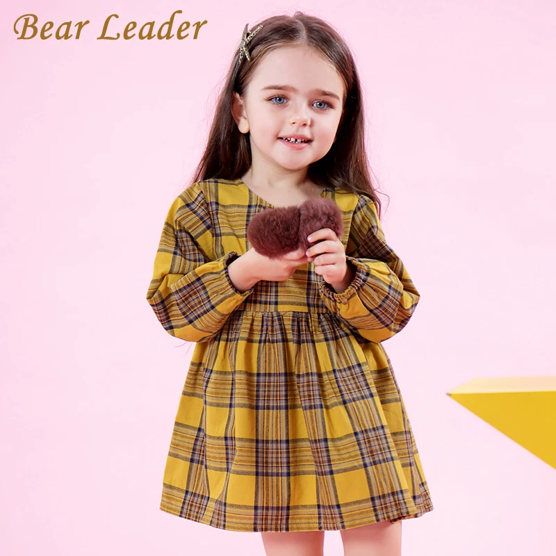 Bear leader/платье для девочек коллекция года, Весенняя брендовая одежда для девочек консервативный стиль, красное и желтое клетчатое платье с бантом для маленьких девочек возрастом от 3 до 8 лет