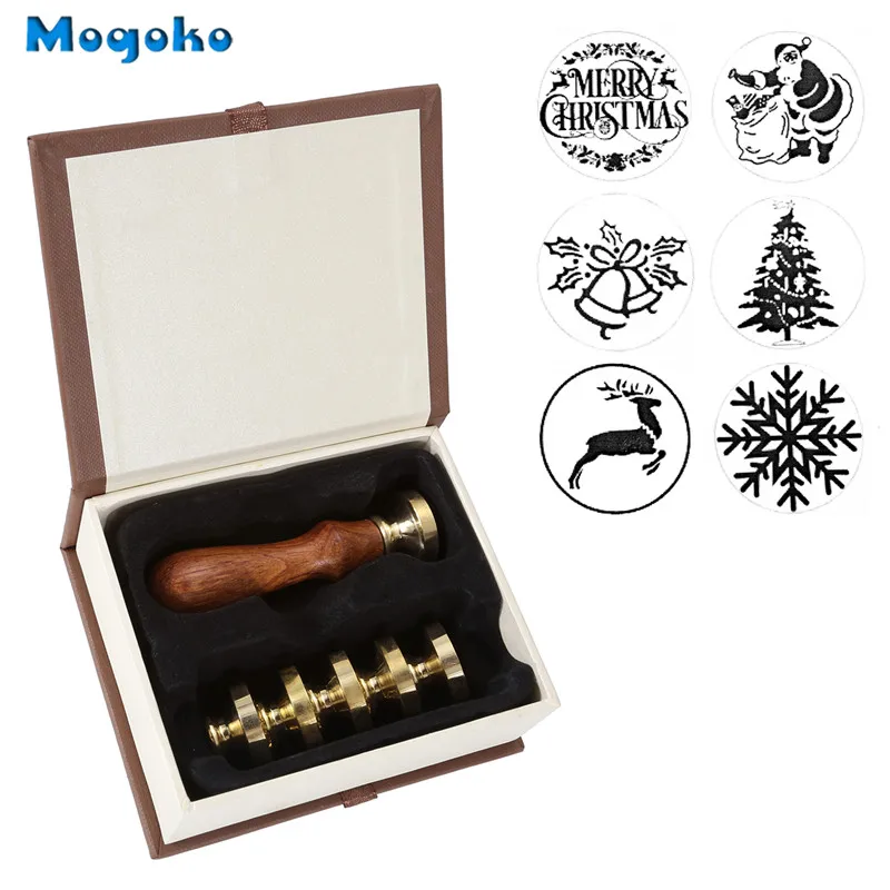 Selo de Cera Cabo de Madeira Selos de Cobre + 1x Mogoko Vintage Retro Clássico Inicial Kit Feliz Natal 6 Pçs 2 de cobre + 1x cabo de madeira
