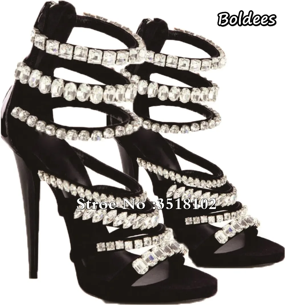 Gladiator Sandals Women Summer Rhinestone Thin Heel Wedding Shoes Open Toe Crystal High Heels