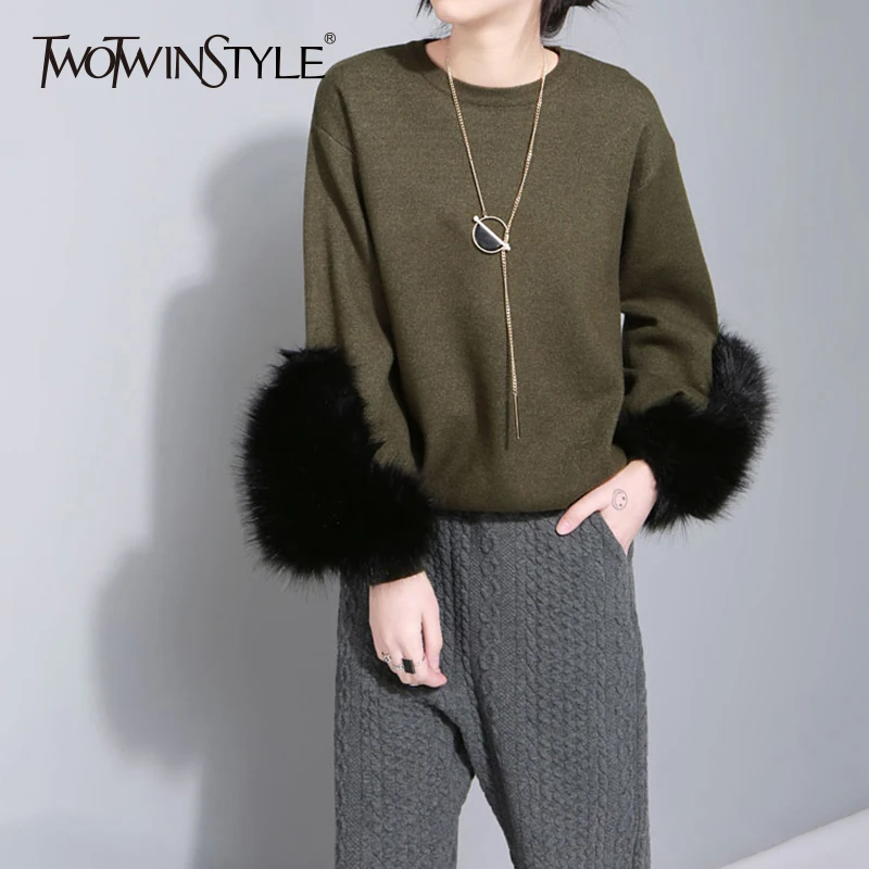 Свитер TWOTWINSTYLE Женский вязаный с длинным рукавом и искусственным мехом 2020 |