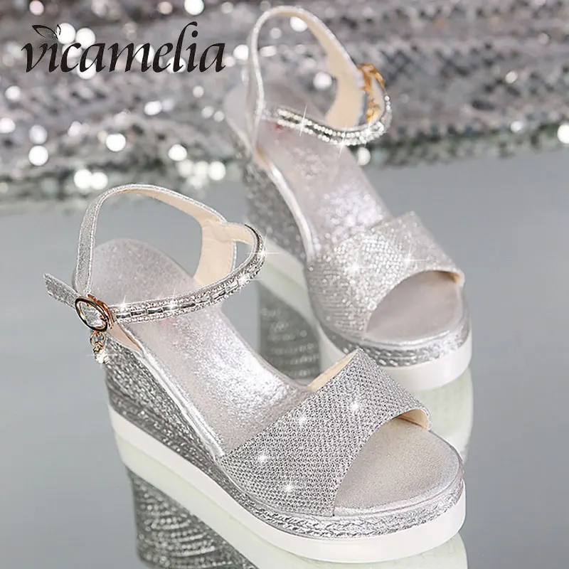 

Vicamelia Women Fashion Wedge Heel Sandals Waterproof Shiny Sequins Fish Mouth Buckle Sandal Party Wedding Shoes Summer 356