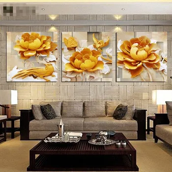 

5d diy diamond painting 3pcs resin square round full diamond embroidery Cross Stitch"golden lily flowers" nordic triptych FS4883