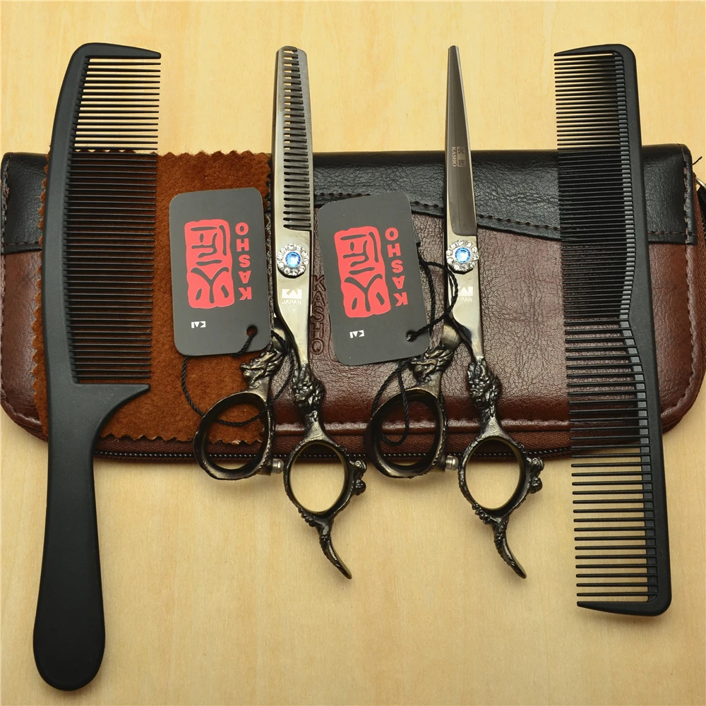 

4Pcs/Set 6.0'' Black KASHO Professional Human Hair Hairdressing Scissors Combs+ Cutting+ Thinning Shears Big Dragon Handle H9004