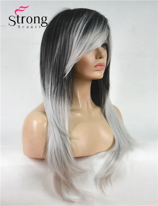Длинный прямой синтетический парик черного/серебристого/серого цвета|wig wig|side bang