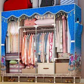 19MM Thicken Steel Pipe Simple Cloth Wardrobe Peach Skin Velvet Dust proof Closet Storage Cabinet Home